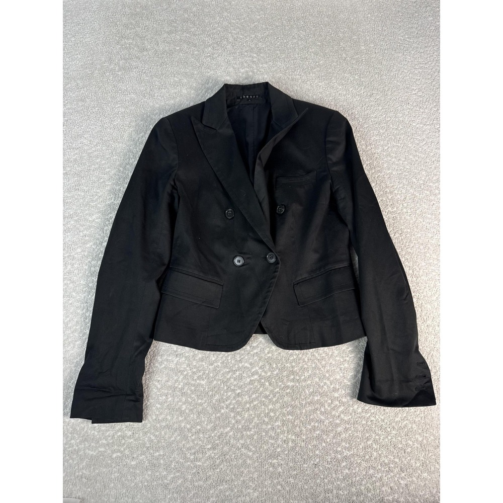 Theory Blazer Womens 8 Black Cotton Stretch Cropped Double Breasted Lined Jacket
